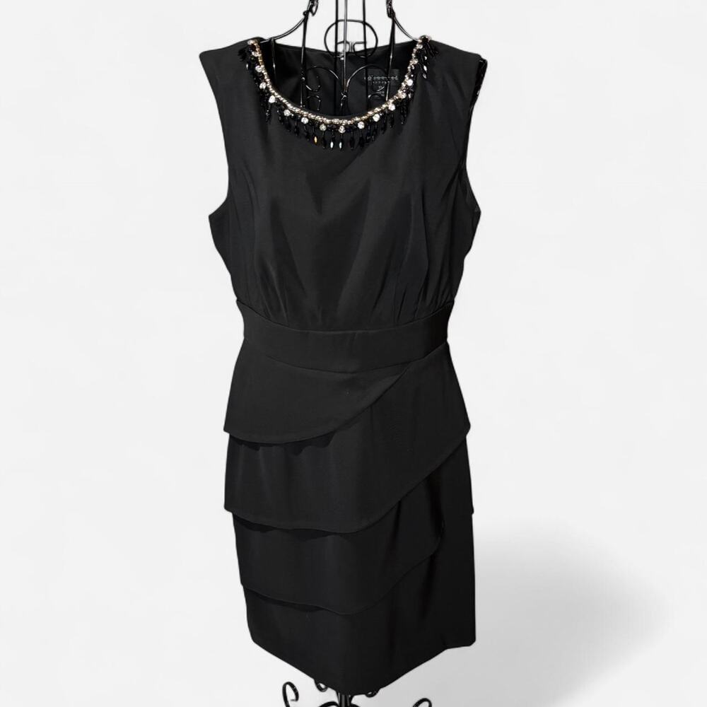Connected Apparel Black Tiered Ruffle Sheath Dress - Jeweled Neckline - Size 10